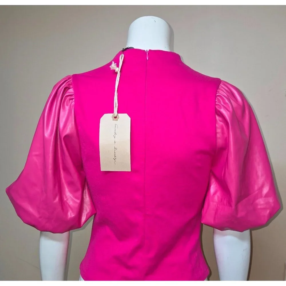 Anthropologie Sunday In Brooklyn Pink Faux Leather Puff Sleeve Top Size S NEW - Picture 4 of 5